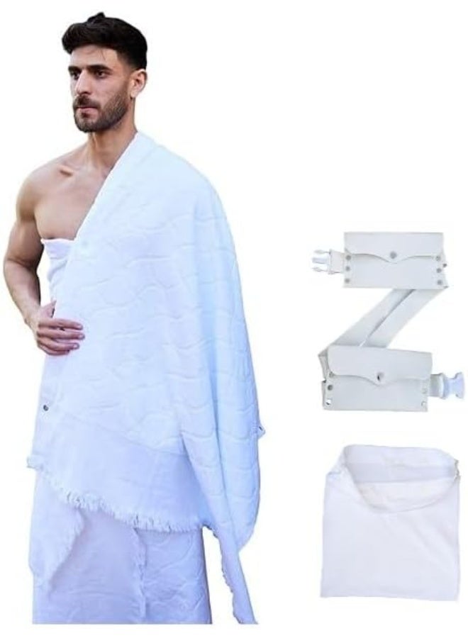 Men’s Ihram Clothing – 100% Egyptian Cotton for Hajj and Umrah, 1400g, with Two Undersheets, Belt, Ihram Cover, and Carrying/Storage Bag, Whit - Image 1